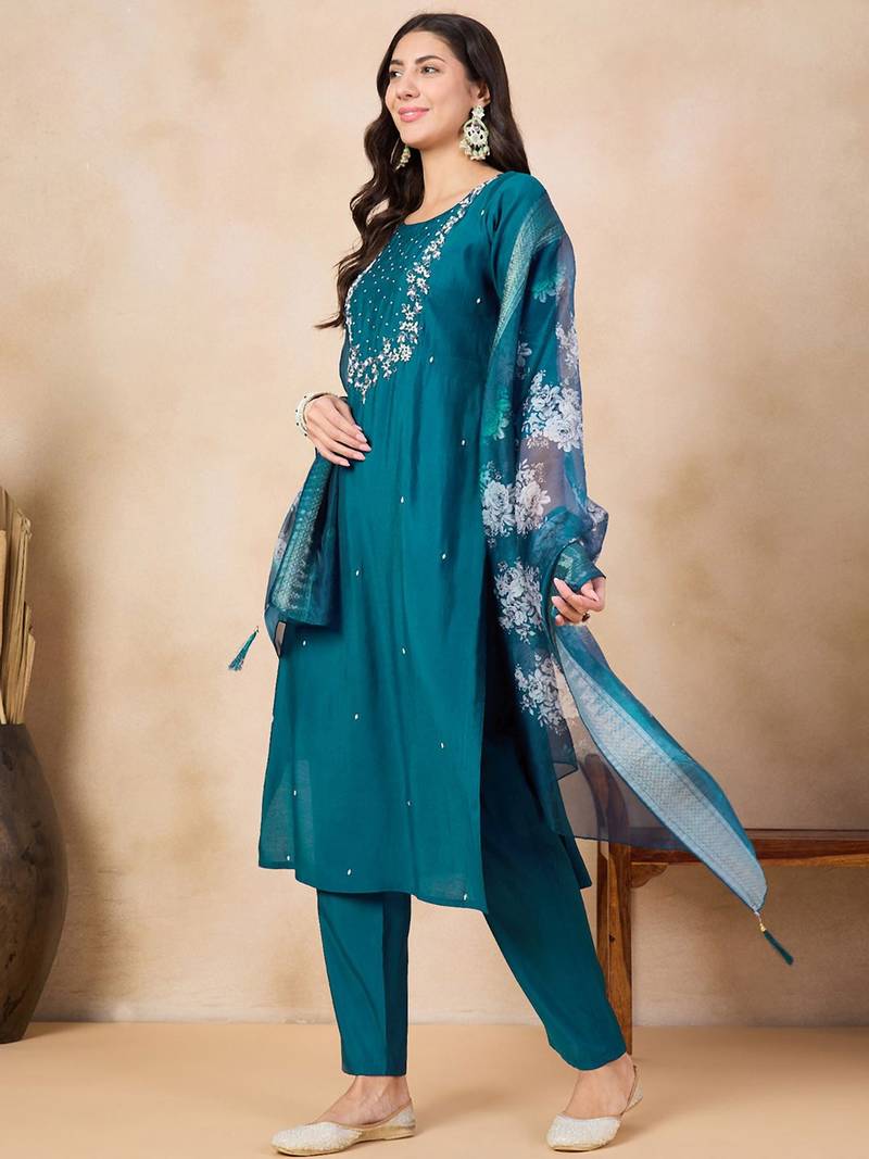 Printed Viscose Rayon Fabric Straight Kurta, Pant and Dupatta Set