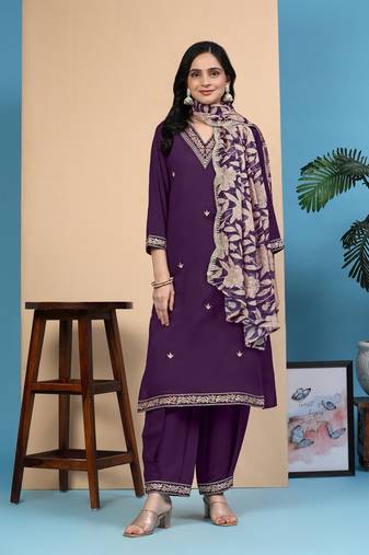 Chanderi Embroidery Salwar Suit Purple Kurta with Afghani Pant & Floral Dupatta Set