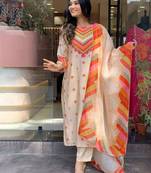 Women Chanderi Cotton Embroidered Kurta Pant Dupatta Set