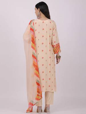 Women Chanderi Cotton Embroidered Kurta Pant Dupatta Set 2