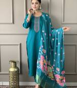 Charming Chanderi Cotton Embroidered Kurta Pant Dupatta Set