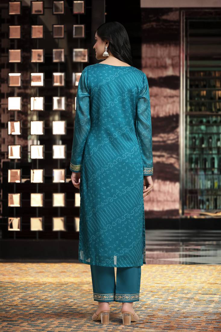 Women's Turquoise Embroidery Bandhani Print Salwar Suit Set with Dupatta