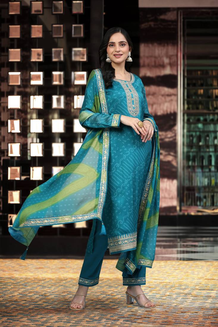 Women's Turquoise Embroidery Bandhani Print Salwar Suit Set with Dupatta