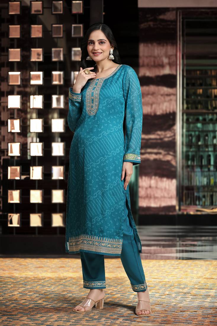 Women's Turquoise Embroidery Bandhani Print Salwar Suit Set with Dupatta