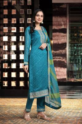 Trendmalls Women's Turquoise Embroidery Bandhani Print Salwar Suit Set with Dupatta 7