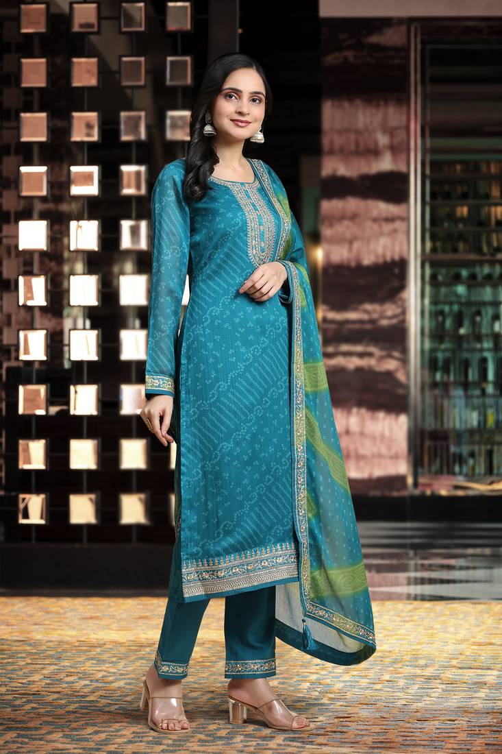 Women's Turquoise Embroidery Bandhani Print Salwar Suit Set with Dupatta