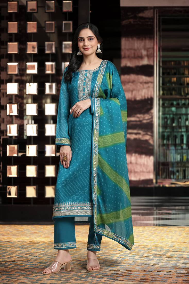 Women's Turquoise Embroidery Bandhani Print Salwar Suit Set with Dupatta