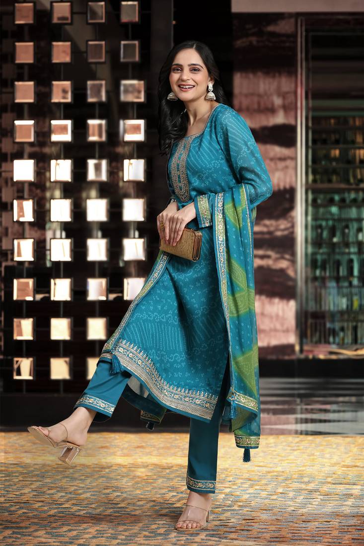 Women's Turquoise Embroidery Bandhani Print Salwar Suit Set with Dupatta