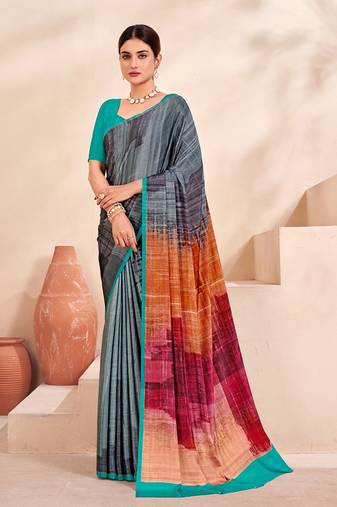 Jivora Women Crepe Soft Silk Striped And Floral Printed Saree Without Blouse