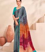 Jivora Women Crepe Soft Silk Striped And Floral Printed Saree Without Blouse