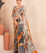 Jivora Women Crepe Soft Silk Striped And Floral Printed Saree Without Blouse