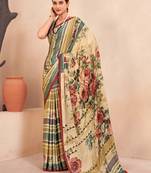 Jivora Women Crepe Soft Silk Striped And Floral Printed Saree Without Blouse