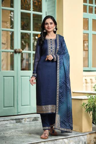Women's Chiffon Embroidery Bandhani Print Salwar Suit Kurta Pant with Dupatta