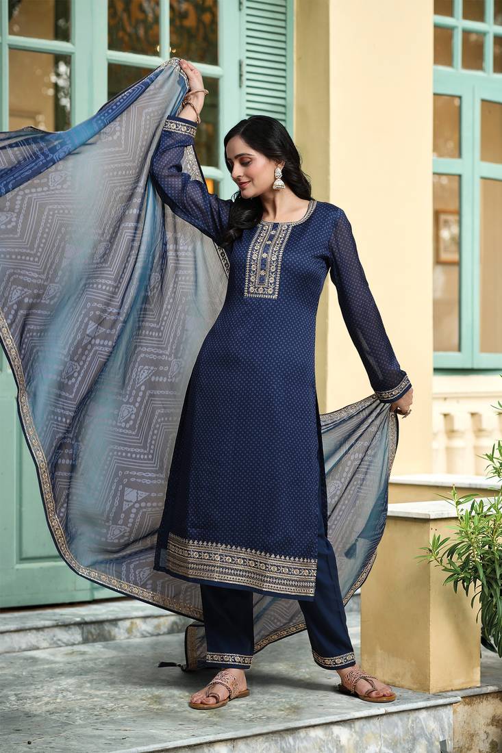 Trendmalls Women's Chiffon Embroidery Bandhani Print Salwar Suit Kurta Pant with Dupatta