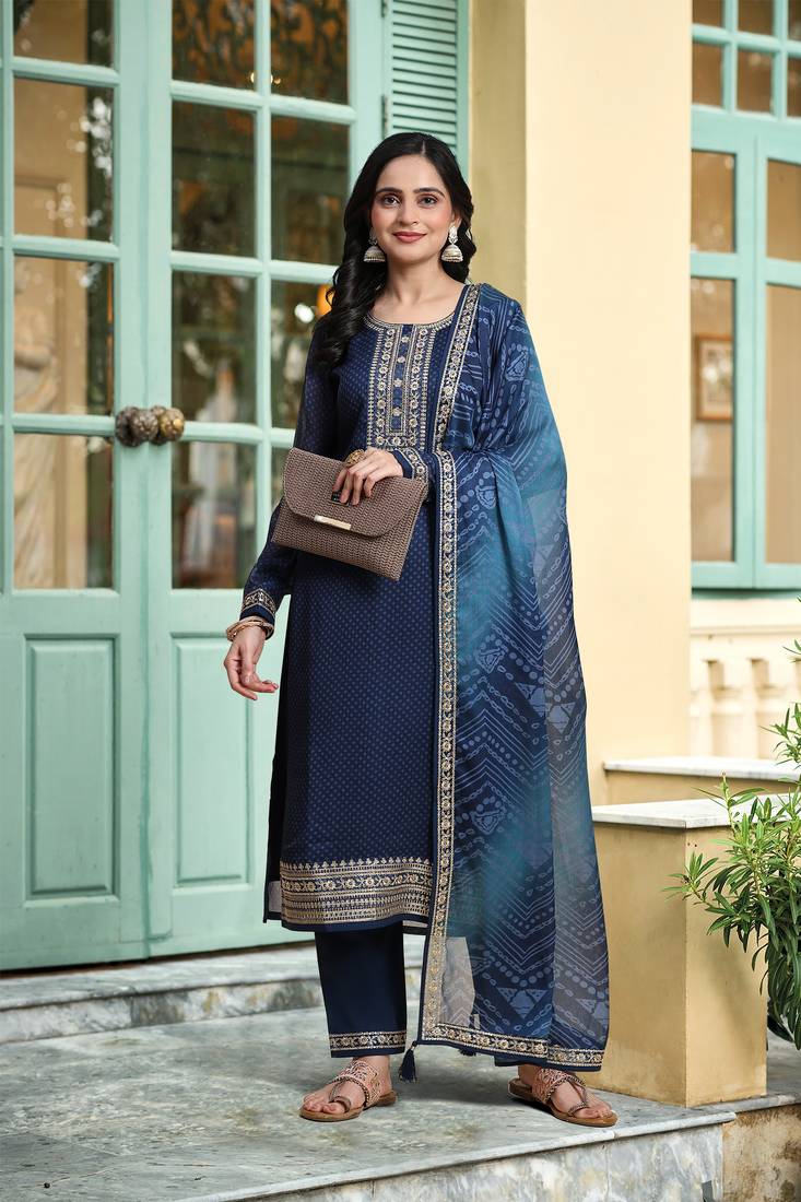 Trendmalls Women's Chiffon Embroidery Bandhani Print Salwar Suit Kurta Pant with Dupatta