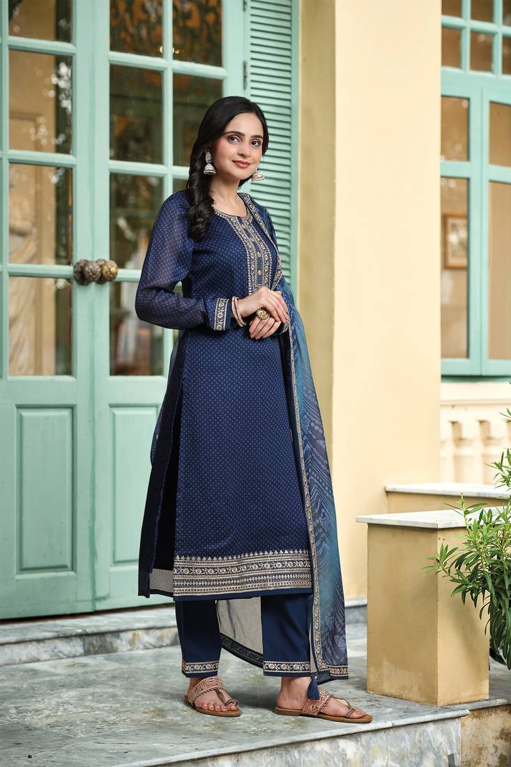 Trendmalls Women's Chiffon Embroidery Bandhani Print Salwar Suit Kurta Pant with Dupatta