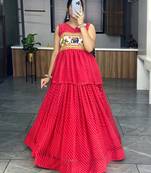 Red Gorgette Leheriya Printed Lehenga With Kediya Top