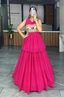 Rani Pink Gorgette Leheriya Printed Lehenga With Kediya Top 1