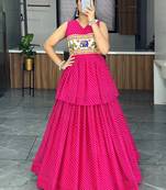 Rani Pink Gorgette Leheriya Printed Lehenga With Kediya Top