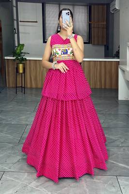 Rani Pink Gorgette Leheriya Printed Lehenga With Kediya Top 5