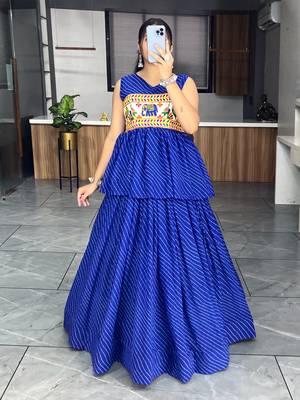 Blue Gorgette Leheriya Printed Lehenga With Kediya Top 2