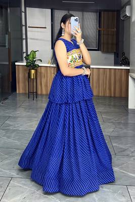 Blue Gorgette Leheriya Printed Lehenga With Kediya Top 4