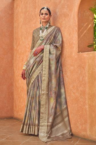 Foil Print Silk Blend Saree In Light Brown