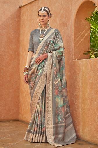 Silk Foil Print Saree In Grey
