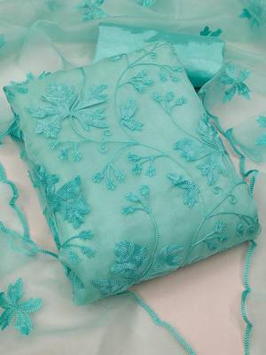 Women's Blue Organza Silk Floral Printed Suit Dress Material With Organza Dupatta 1