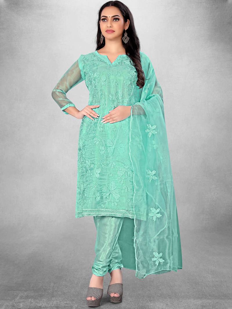 Women's Blue Organza Silk Floral Printed Suit Dress Material With Organza Dupatta