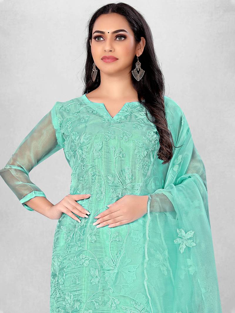 Women's Blue Organza Silk Floral Printed Suit Dress Material With Organza Dupatta