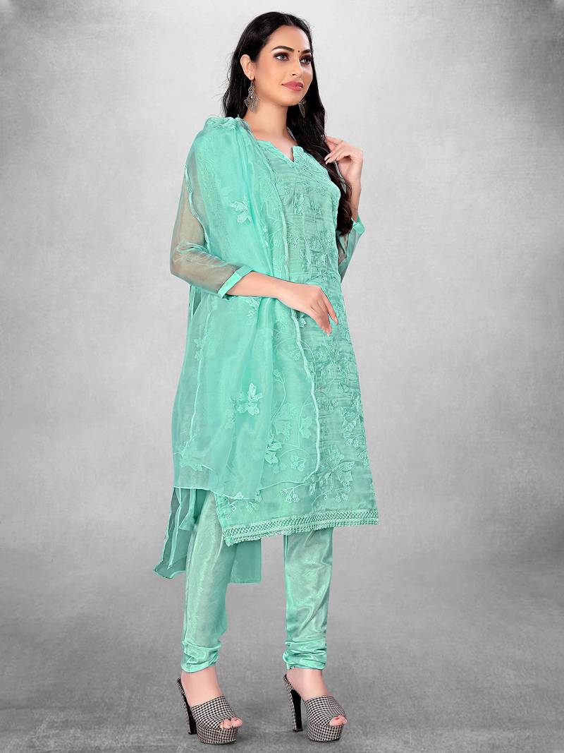 Women's Blue Organza Silk Floral Printed Suit Dress Material With Organza Dupatta