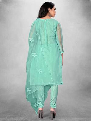 Women's Blue Organza Silk Floral Printed Suit Dress Material With Organza Dupatta 5