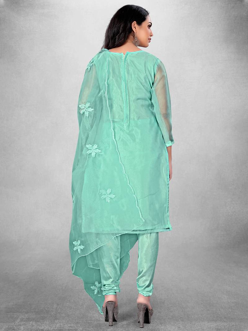 Women's Blue Organza Silk Floral Printed Suit Dress Material With Organza Dupatta