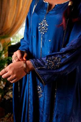 Stitched Luxurious Royal Aneek Blue Suit Set in Tabby Silk with Hand-Embroidered Zari Work 5