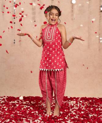 Red cotton kurta with dhoti ethnic set 1
