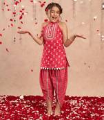 Red cotton kurta with dhoti ethnic set