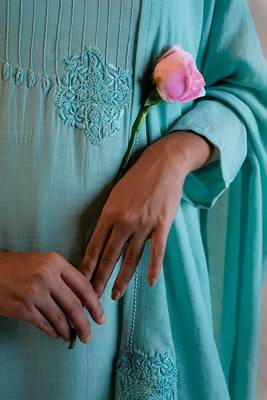 Stitched Mint Green Kurta Set in Premium Linen Crepe with Hand Embroidery and Matching Dupatta 5