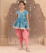 Blue cotton kurta with dhoti ethnic set