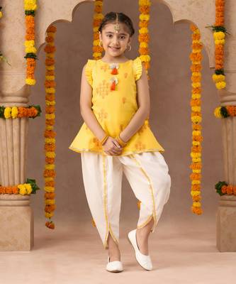  yellow cotton kurta and white dhoti ethnic set 1
