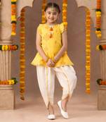  yellow cotton kurta and white dhoti ethnic set