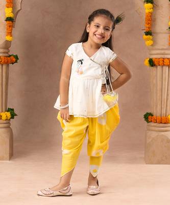  white girls cotton kurta and yellow dhoti ethnic set 1