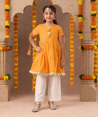 orange cotton kurta and white pyjama ethnic set 1