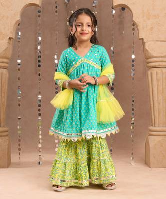 Green cotton kurta with sharara with dupata ethnic set 1