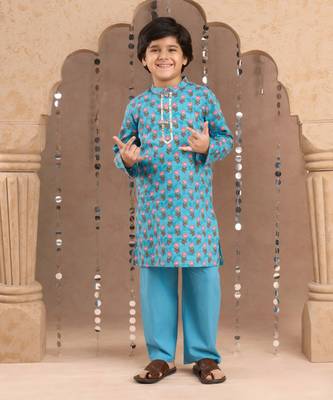 Blue Cotton Multicolor Printed Kurta Pyjama Set 1