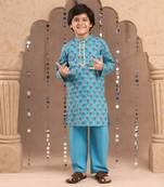 Blue Cotton Multicolor Printed Kurta Pyjama Set