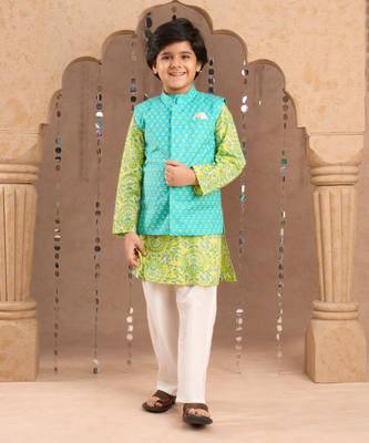 Green kurta and pyjama with blue printed nehru jacket ethnic set 1