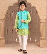 Green kurta and pyjama with blue printed nehru jacket ethnic set