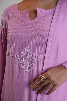 Stitched Pink Kurta Set in Premium Linen Crepe with Hand Embroidery and Matching Dupatta 5
