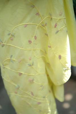 Stitched Canary Yellow Soft Linen Kurta Set with Bell Sleeves and Embroidered Mul Dupatta 4